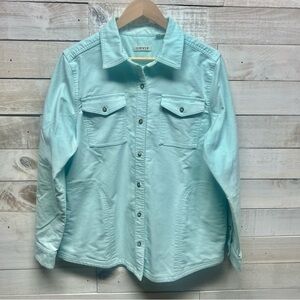 Orvis Denim Jacket Womens Large Aqua Blue Button‎ Down Pockets Collared